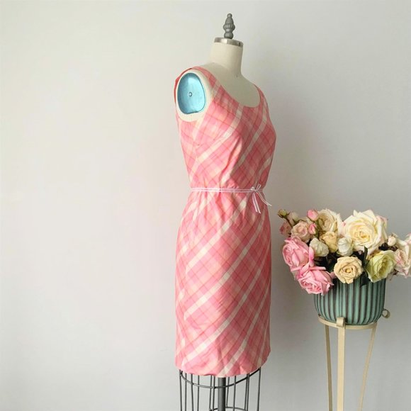 ANN TAYLOR LOFT Size 2 Pink Silk Sleeveless Preppy Tartan Sheat Dress - Picture 2 of 8